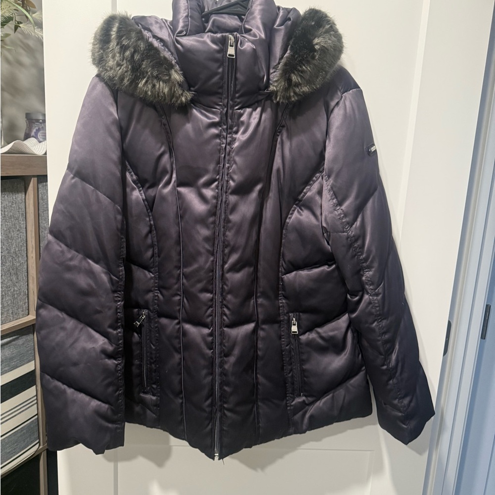 Calvin Klein Dark Gray Puffer Jacket with Faux Fur